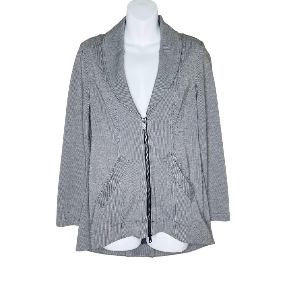 CAbi Drop Off Jacket XS Pinstripe Front Back Zipper High Low Hem Pockets